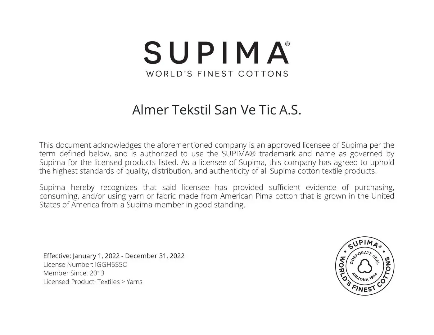 SUPIMA® Lisans Belgesi