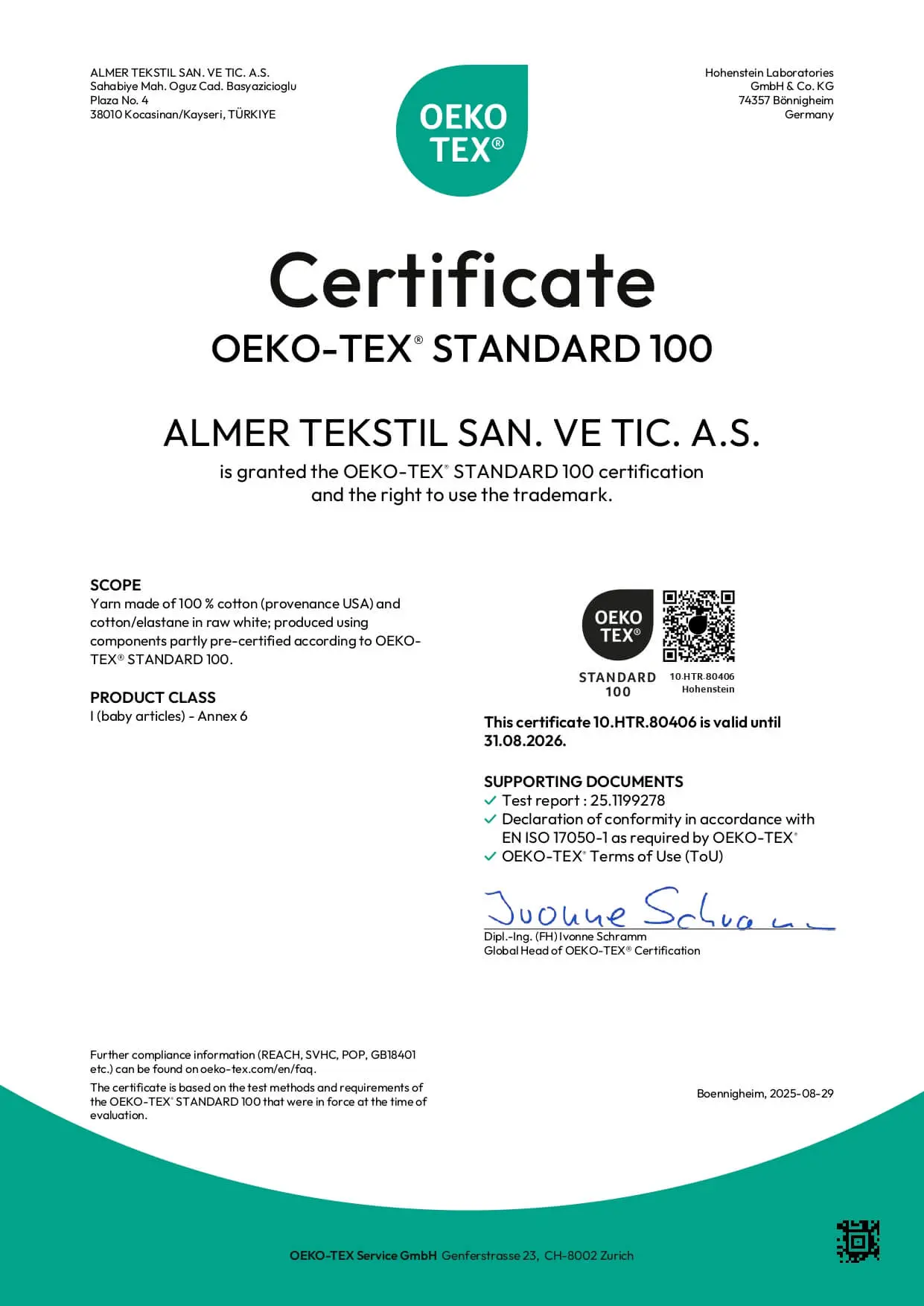 OEKO-TEX® STANDARD 100 Sertifikası